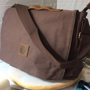 Messenger bag “Be Fair”brown canvas leather trim NWT.
